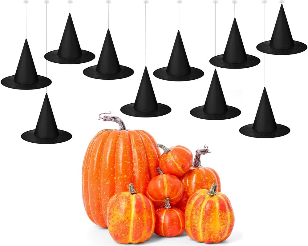 9455 19 Pcs Halloween Witch Hat Hanging Decor with Artificial Pumpkin, 12
